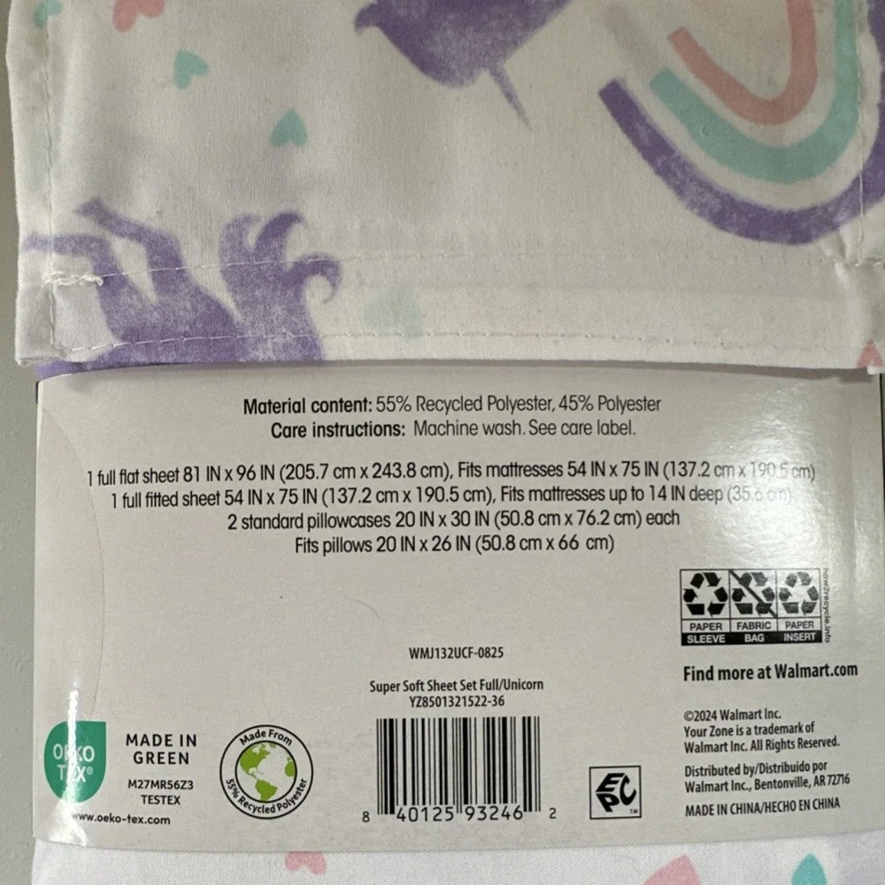 Your Zone Super Soft Full Sheet Set Unicorn Rainbow Hearts 4pc Polyester